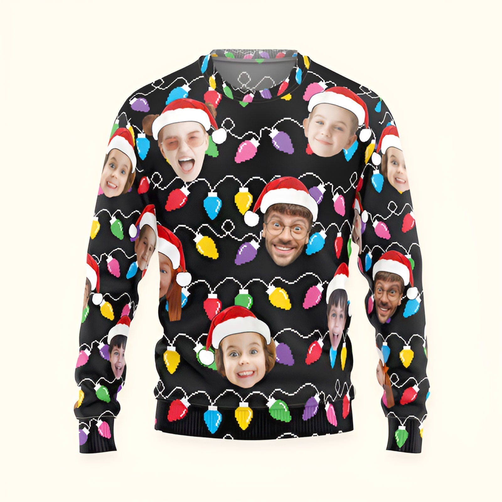 365Gifty custom face christmas sweater with colorful holiday lights and multiple faces wearing Santa hats on black background