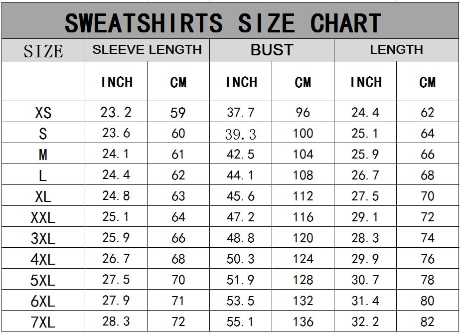 Sweatshirts size chart showing sleeve length bust and length measurements in inches and centimeters