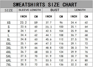 Sweatshirts size chart showing sleeve length bust and length measurements in inches and centimeters