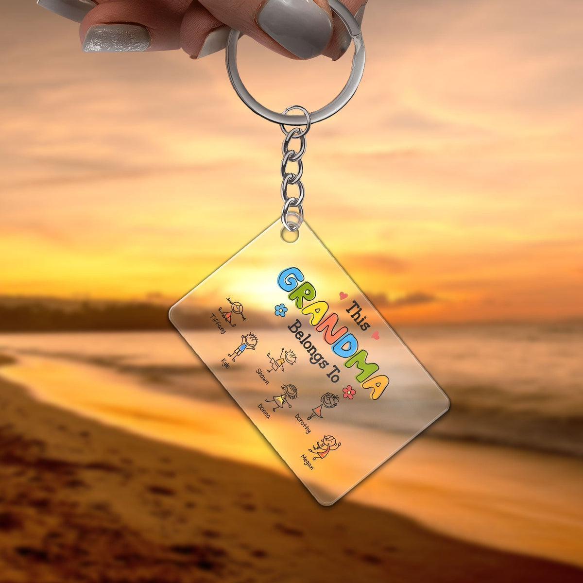 Custom family acrylic keychain with colorful text and designs, ideal gift for grandmothers