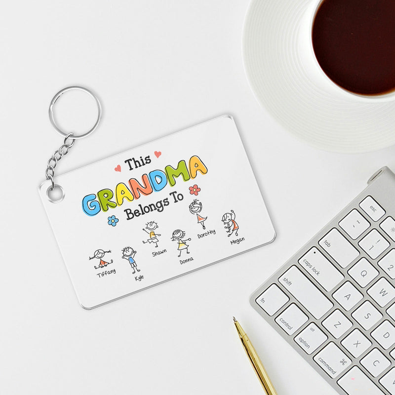 Custom family acrylic keychain with a heartfelt message and colorful illustrations for Grandma
