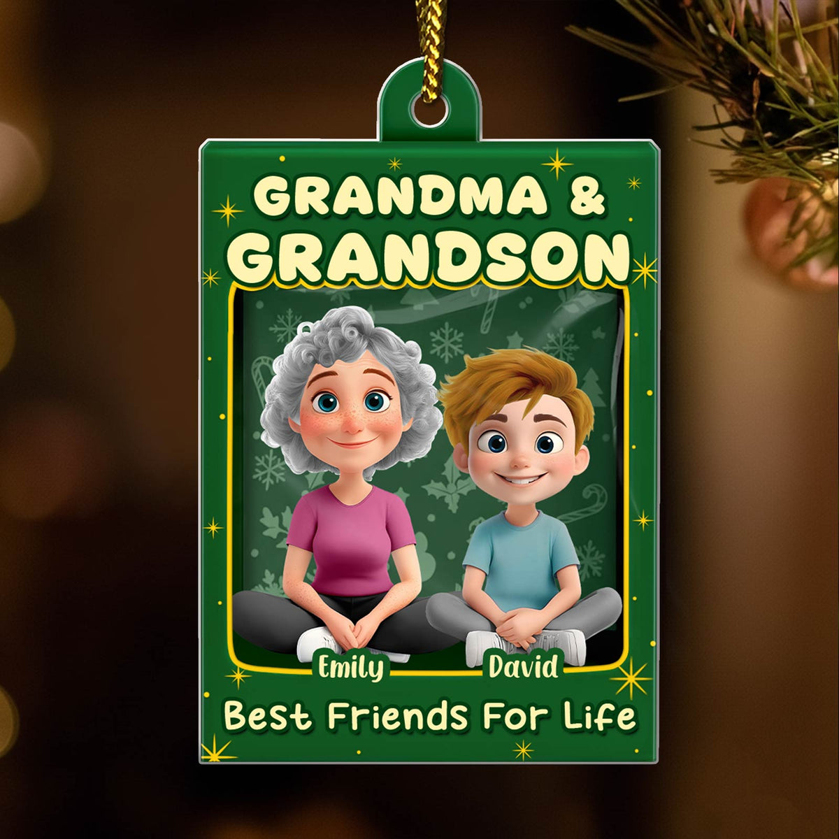 Custom family Christmas acrylic ornament featuring Grandma and Grandson with a festive design