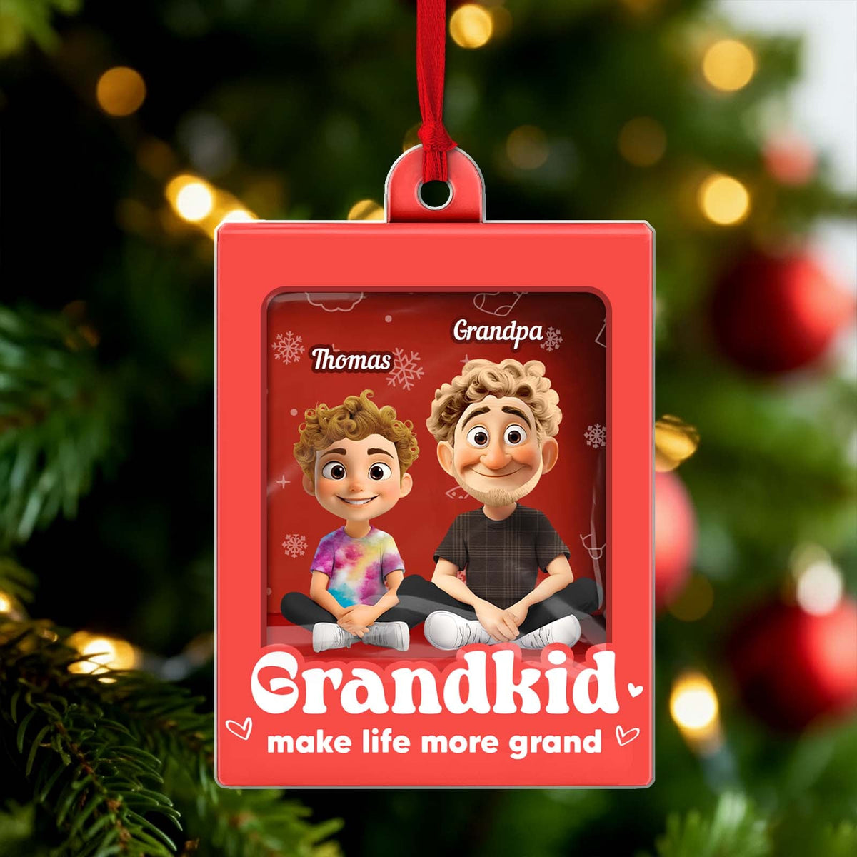 Custom family Christmas ornament featuring animated characters of grandkid and grandpa with festive design