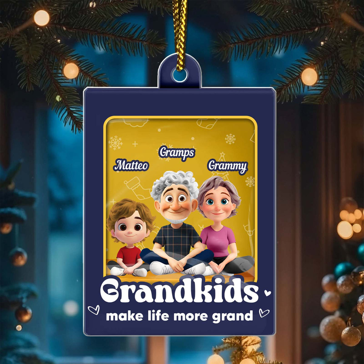 Custom family Christmas ornament featuring animated grandparents and grandkids for holiday decor