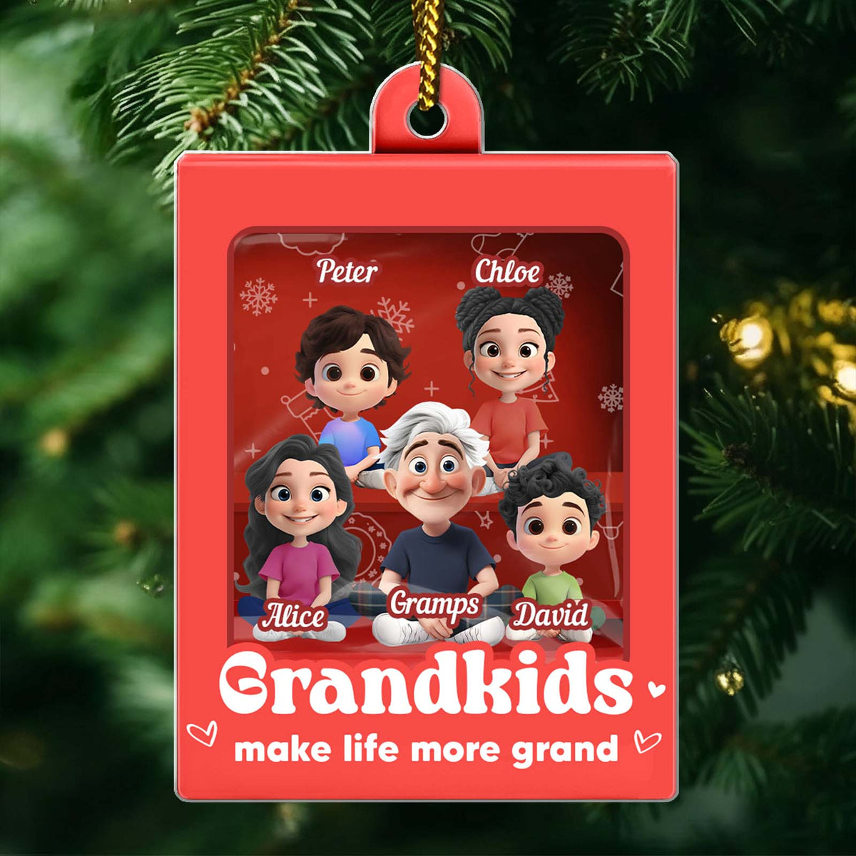 Custom family Christmas ornament featuring cartoon characters named Gramps, Alice, Peter, Chloe, and David