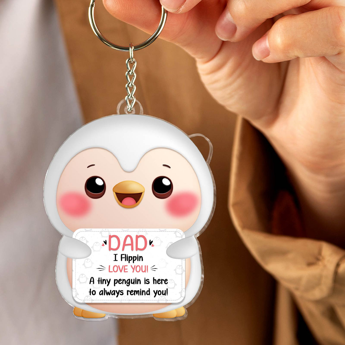 Custom family keychain gift featuring a cute penguin design with heartfelt message for dads