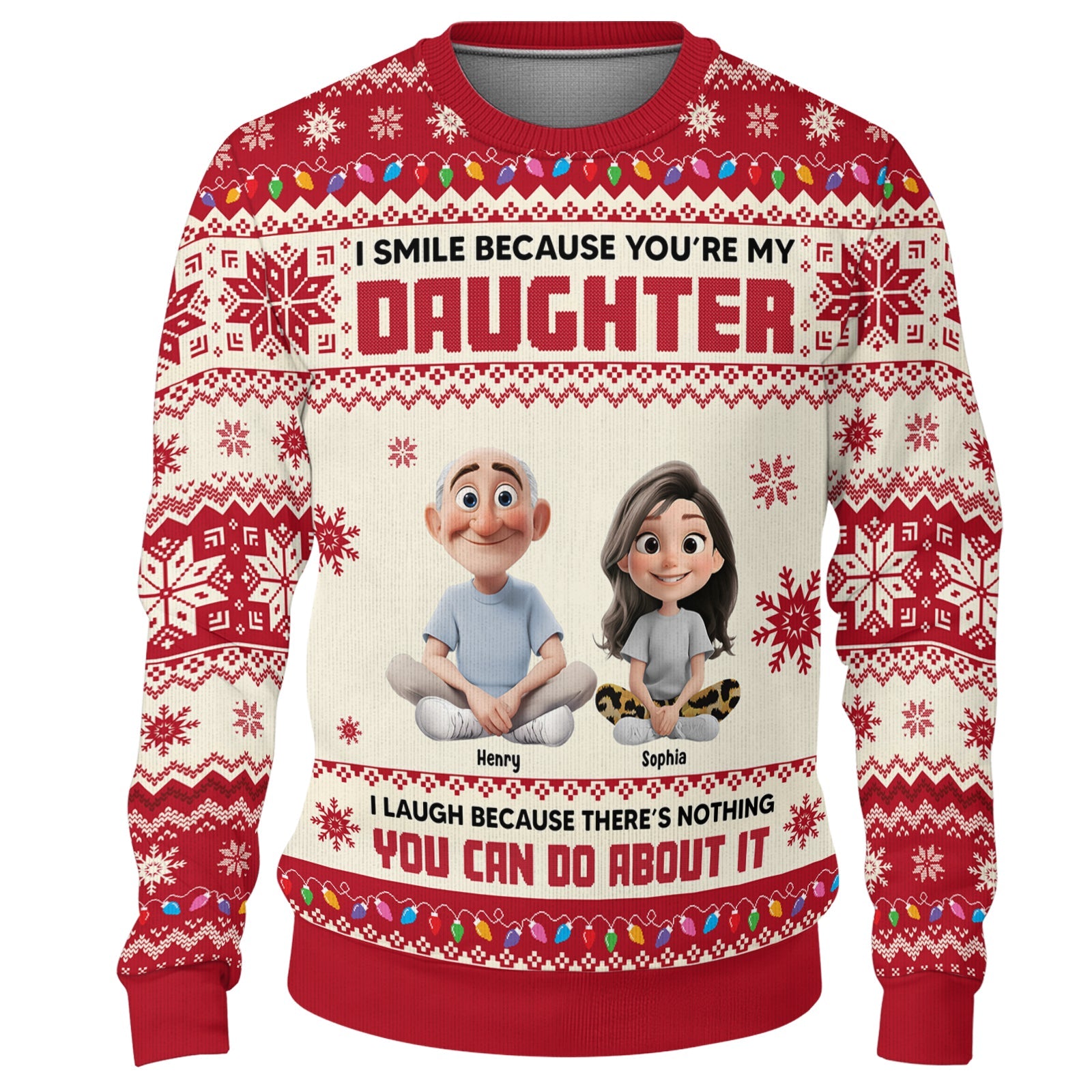 Custom father daughter holiday sweater featuring cartoon characters Henry and Sophia with festive design