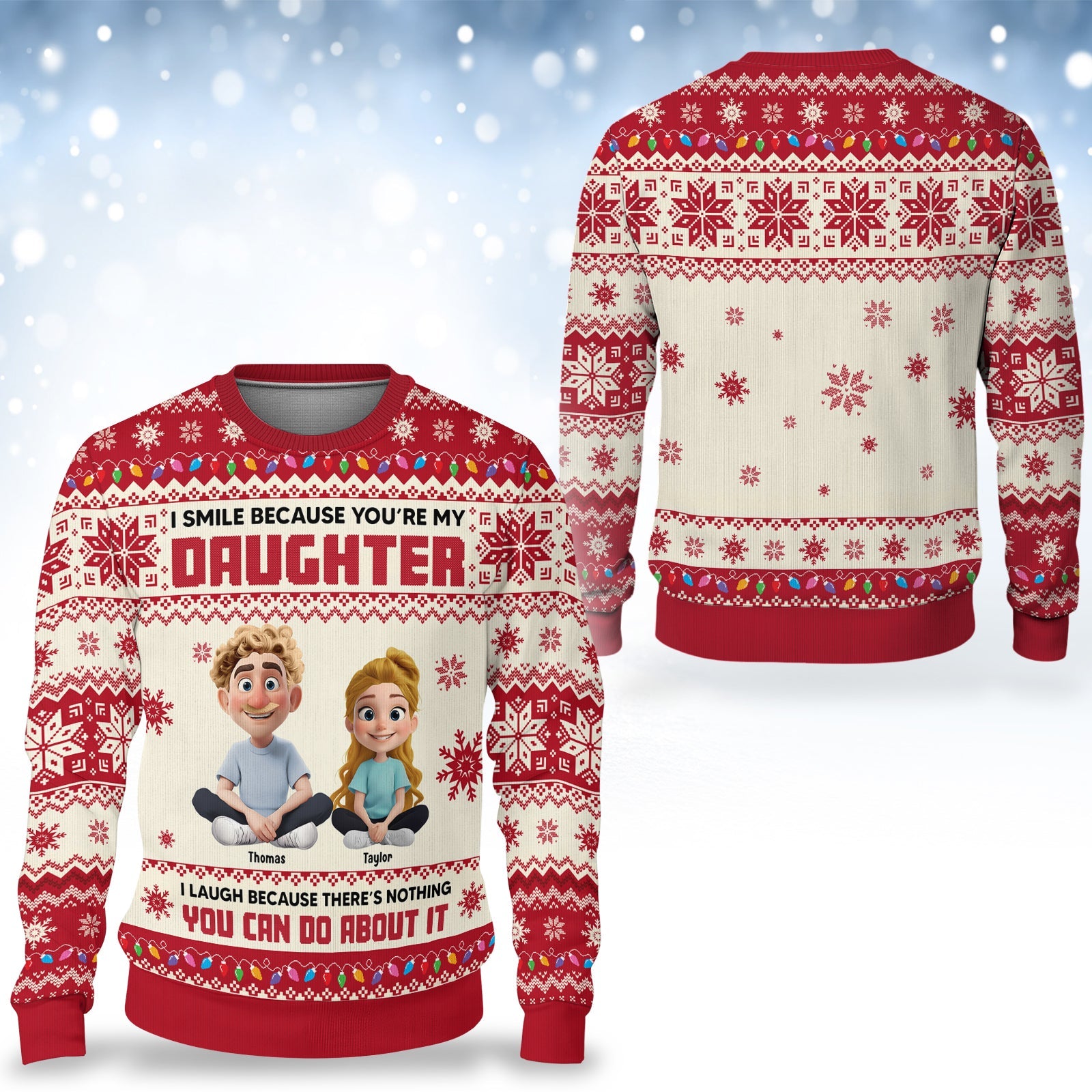 Custom father daughter holiday sweater featuring cheerful cartoon characters and festive designs