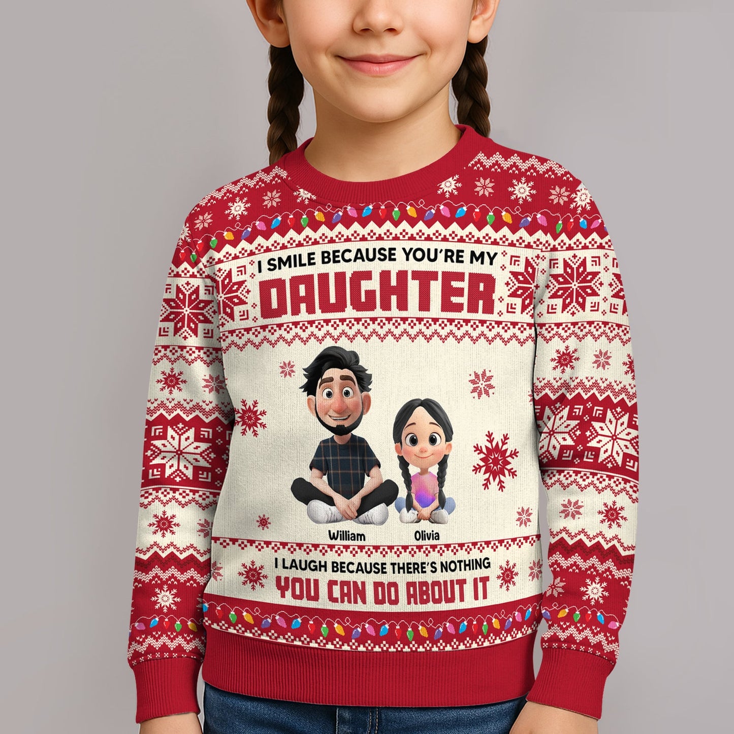 Custom father daughter holiday sweater featuring playful graphics and festive colors for family celebrations