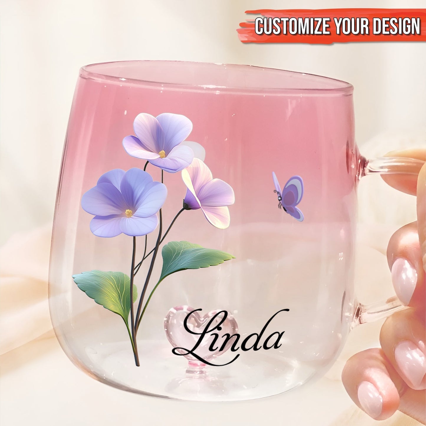 Custom floral glass mug gift featuring beautiful flowers and a personalized name design