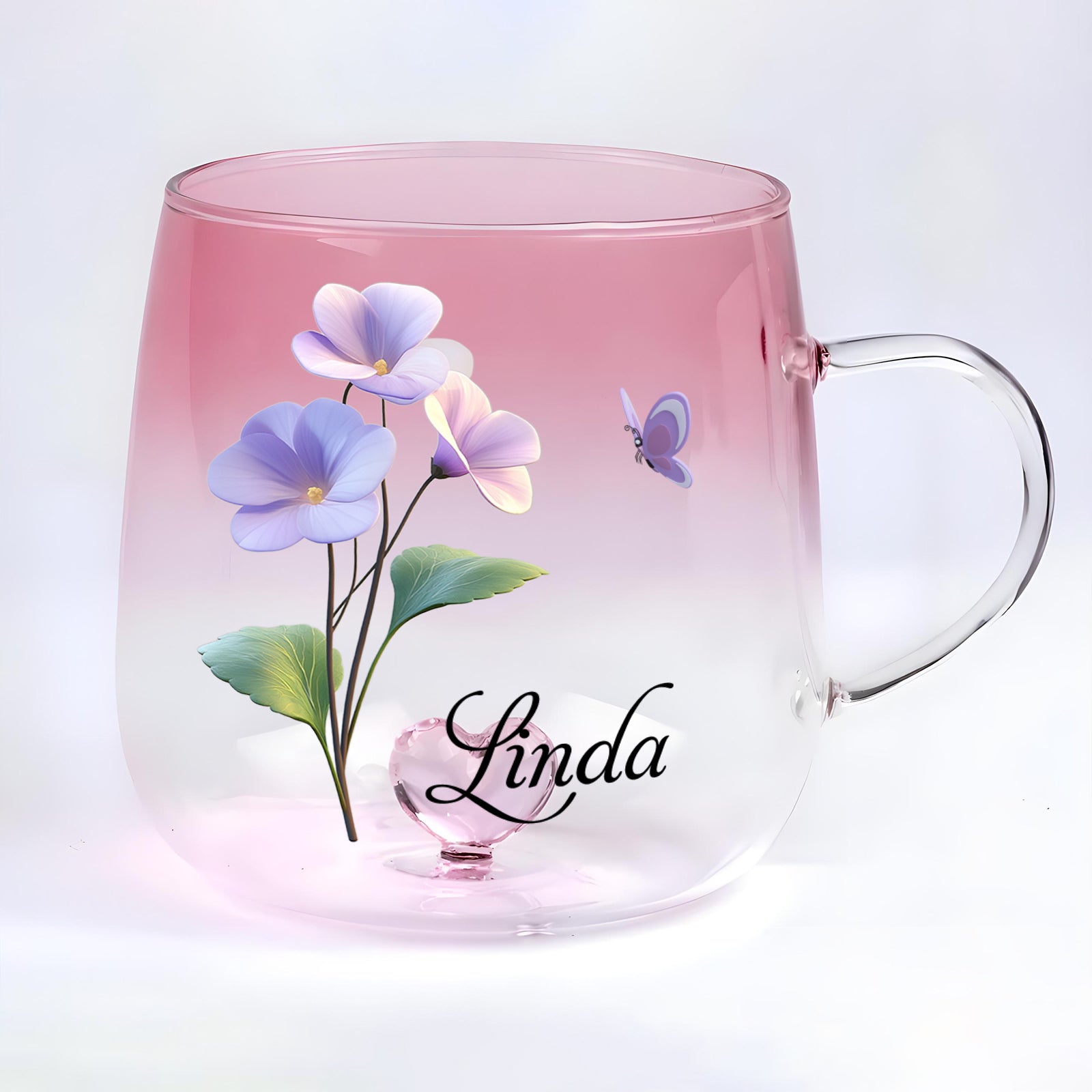 Custom floral glass mug gift with pink gradient and delicate flower design, personalized with the name Linda