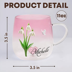 Custom floral glass mug gift featuring pink gradient, snowdrop flowers, and personalized name Michelle