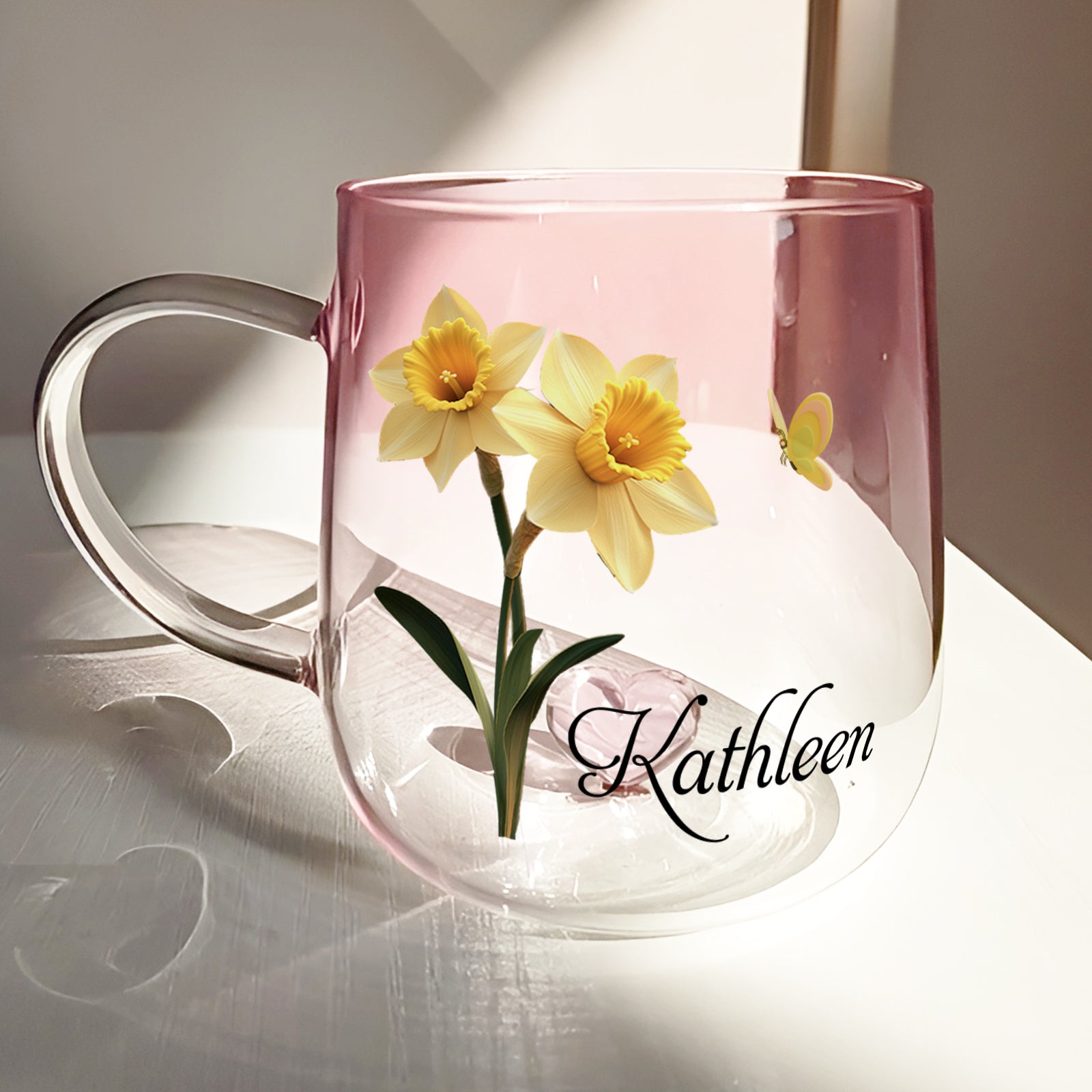 Custom floral glass mug gift featuring yellow daffodils and personalized name Kathleen