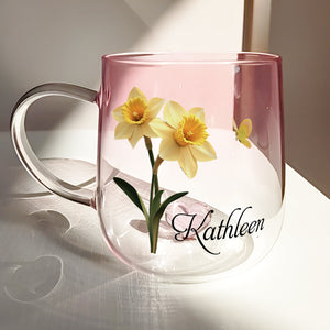 Custom floral glass mug gift featuring yellow daffodils and personalized name Kathleen