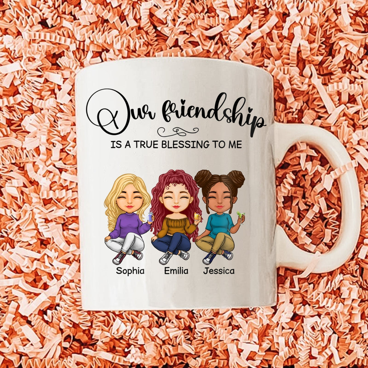 Custom friendship mug gift featuring cartoon characters Sophia, Emilia, and Jessica with a heartfelt message