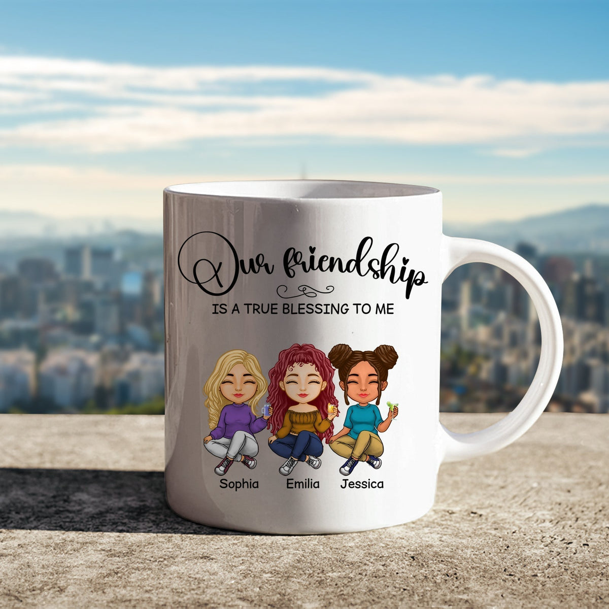 Custom friendship mug gift featuring three animated friends with the quote about friendship