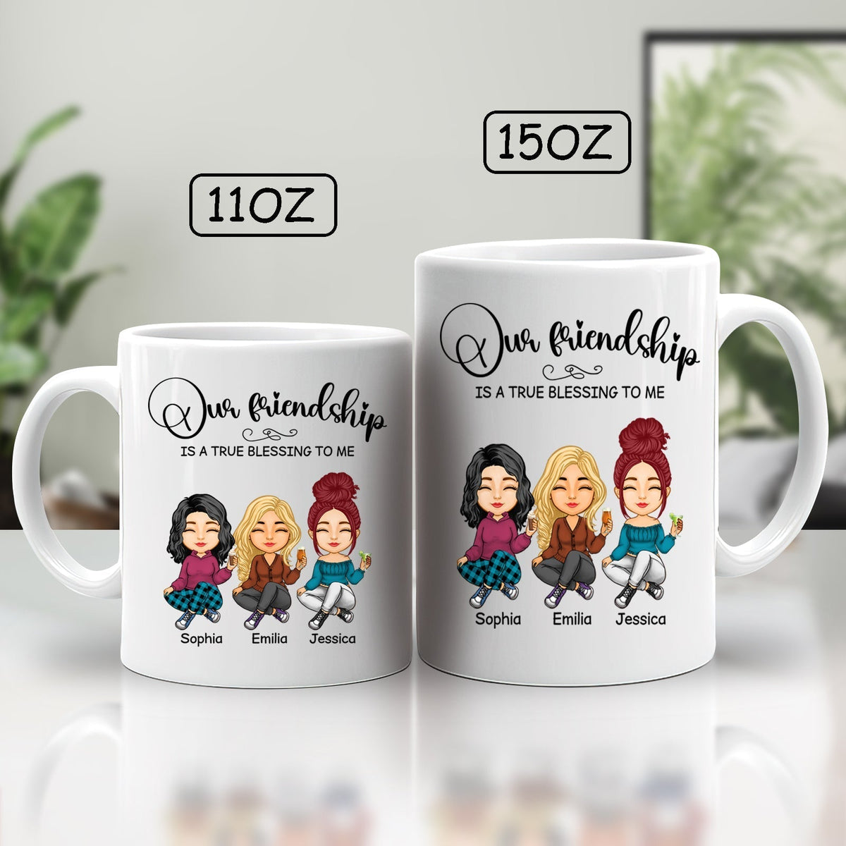 Custom friendship mug gift featuring three illustrated friends with personalized names on a stylish mug