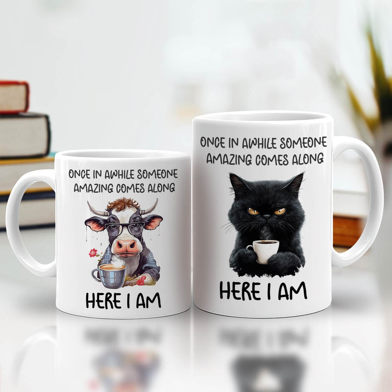 Custom funny animal coffee mug featuring a cow and a cat with humorous quotes