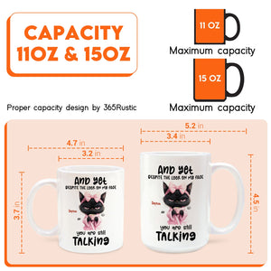 Custom funny coffee mug gift featuring a cat design with a humorous quote on a white background