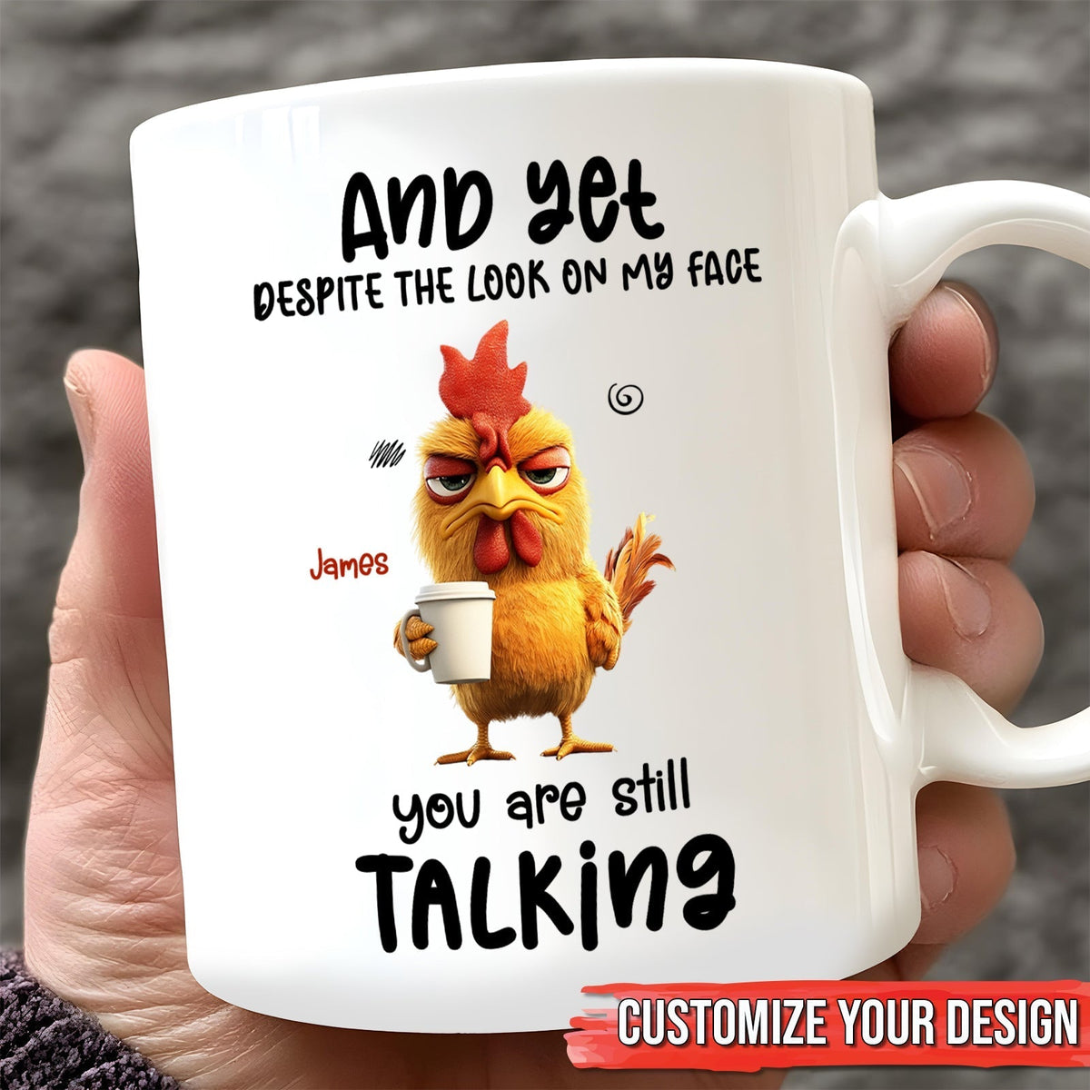 Custom funny coffee mug gift featuring a cartoon chicken with a humorous quote on a white mug