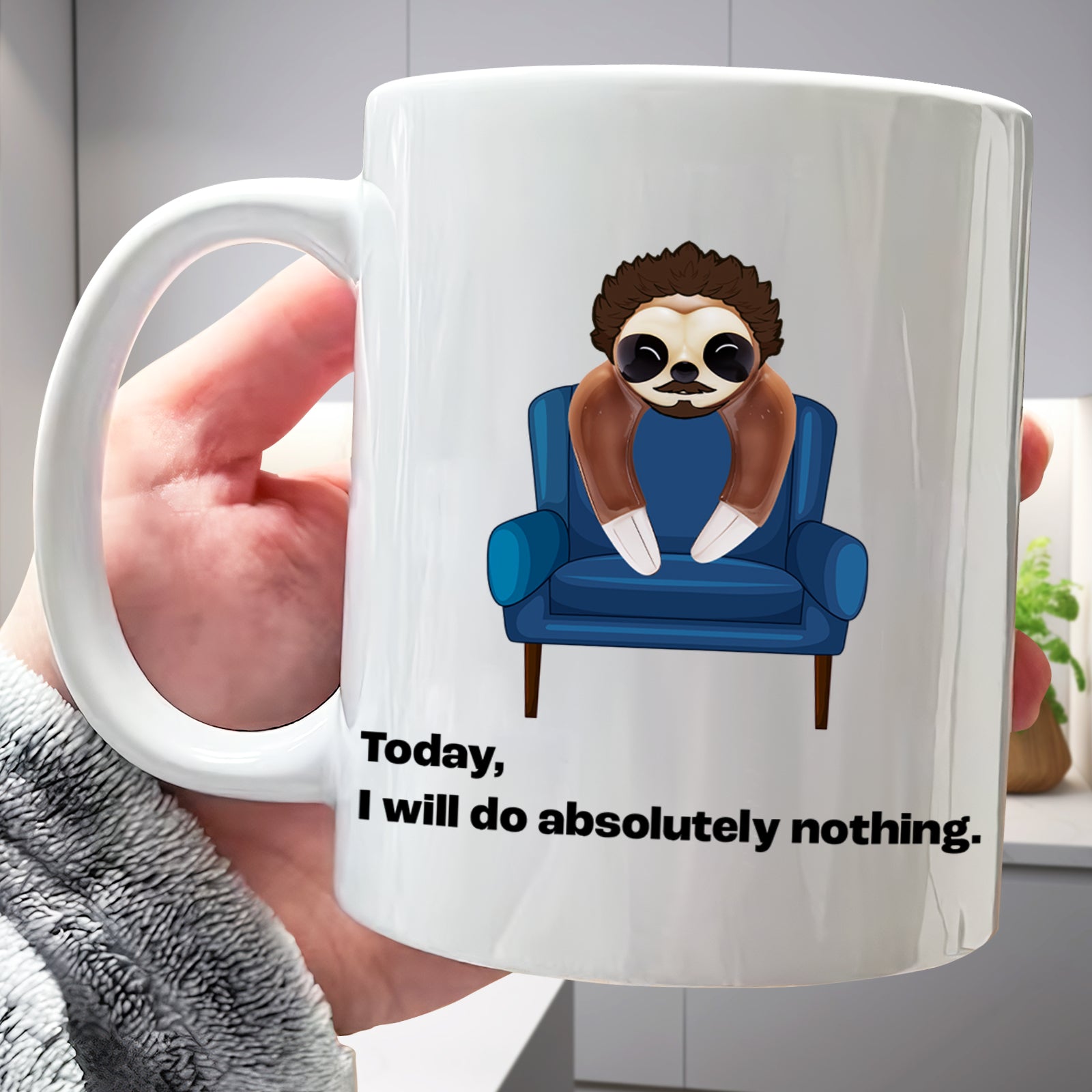 Custom funny coffee mug featuring a sloth relaxing with the text Today I will do absolutely nothing