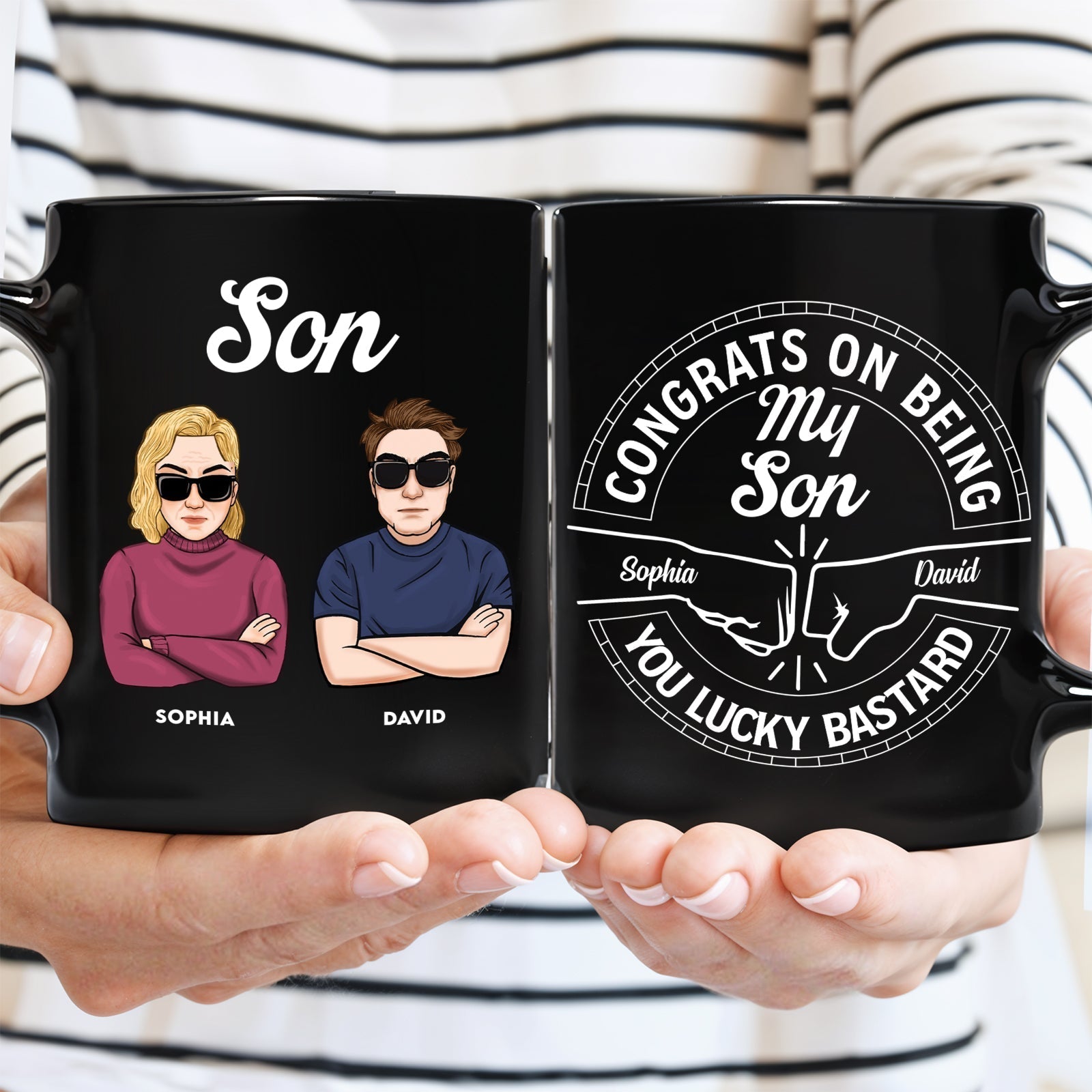 Black coffee mug with cartoon characters and the phrase Congrats on being my brother gift from Sophia and David