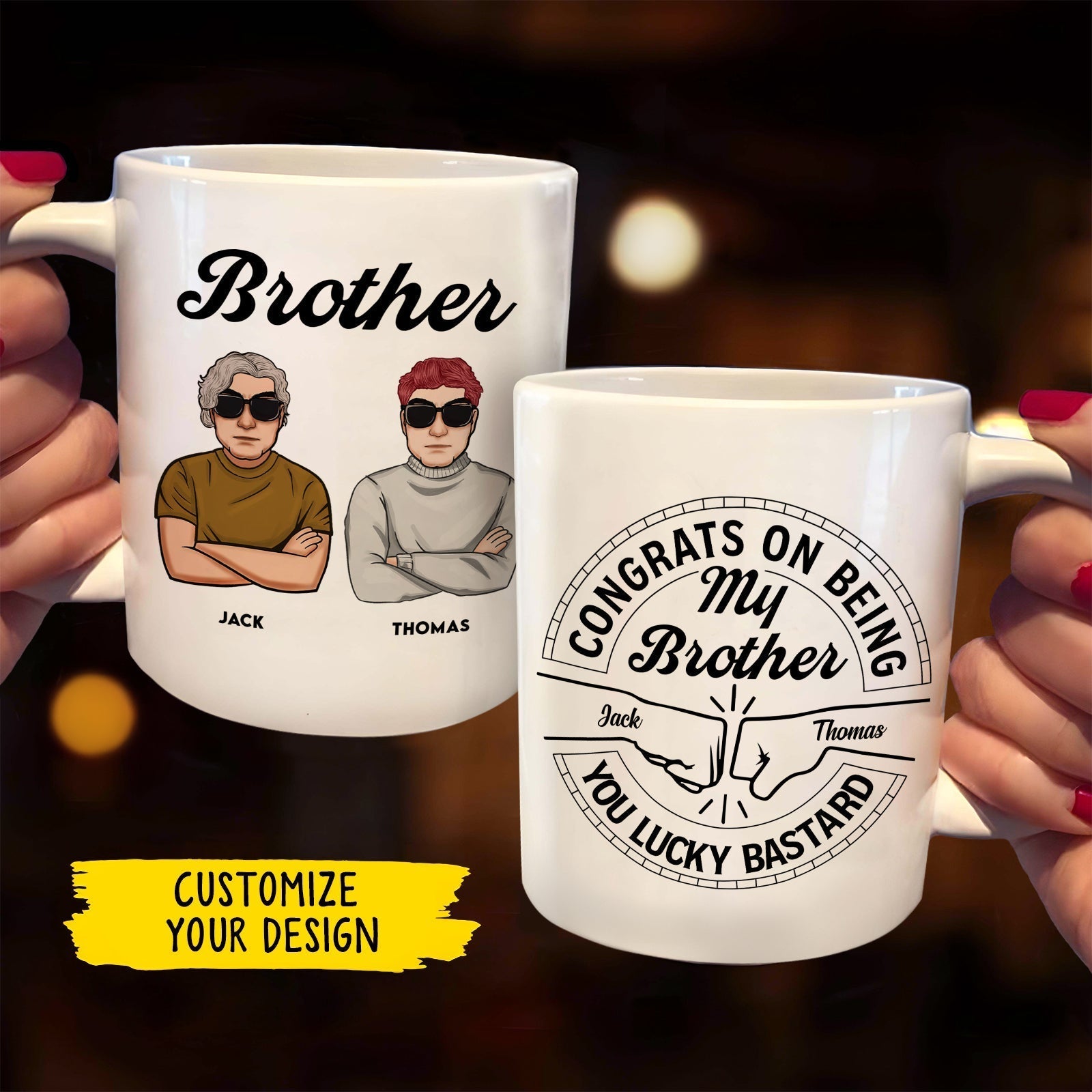 Personalized mugs featuring two characters with text congrats on being my brother gift for celebrations
