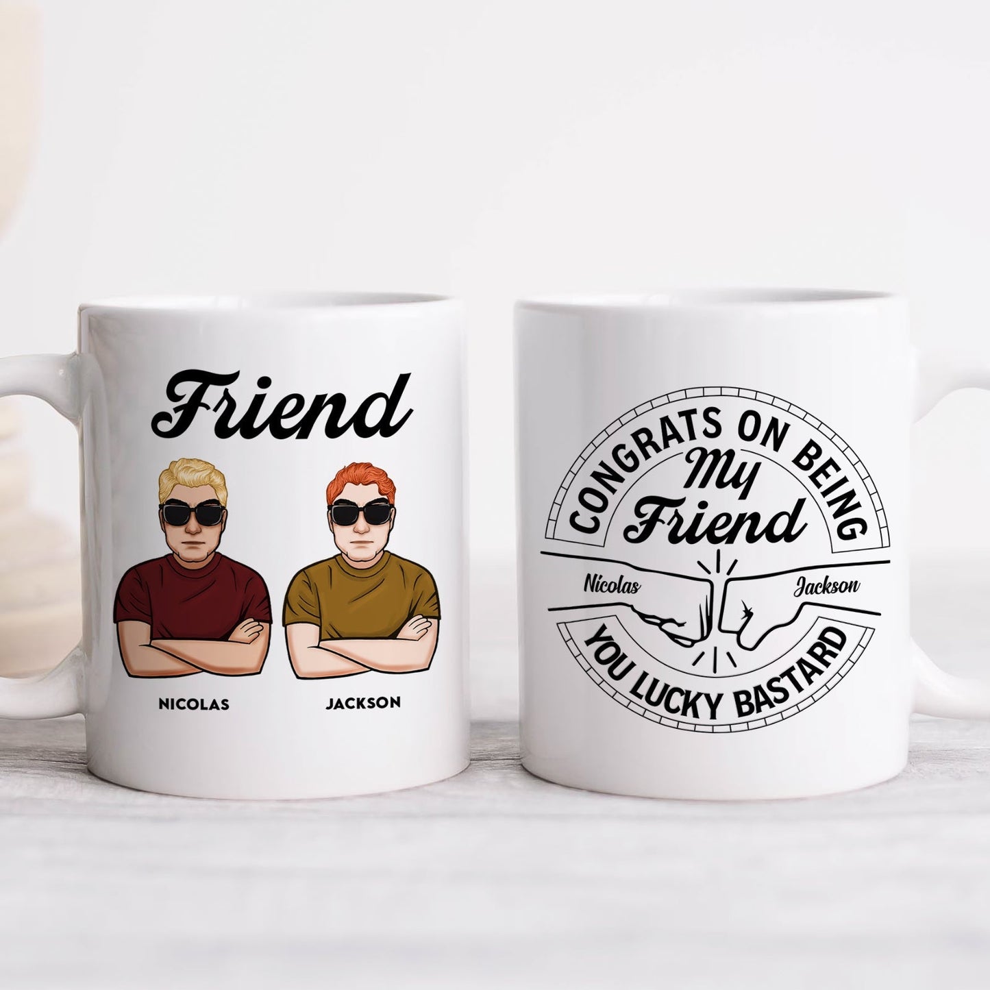 Ceramic mug set featuring friends cartoon design with text Congrats on being my brother gift