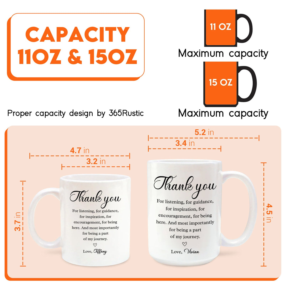 Custom gift for friends coffee mugs design showing 11 oz and 15 oz size options with inspirational message