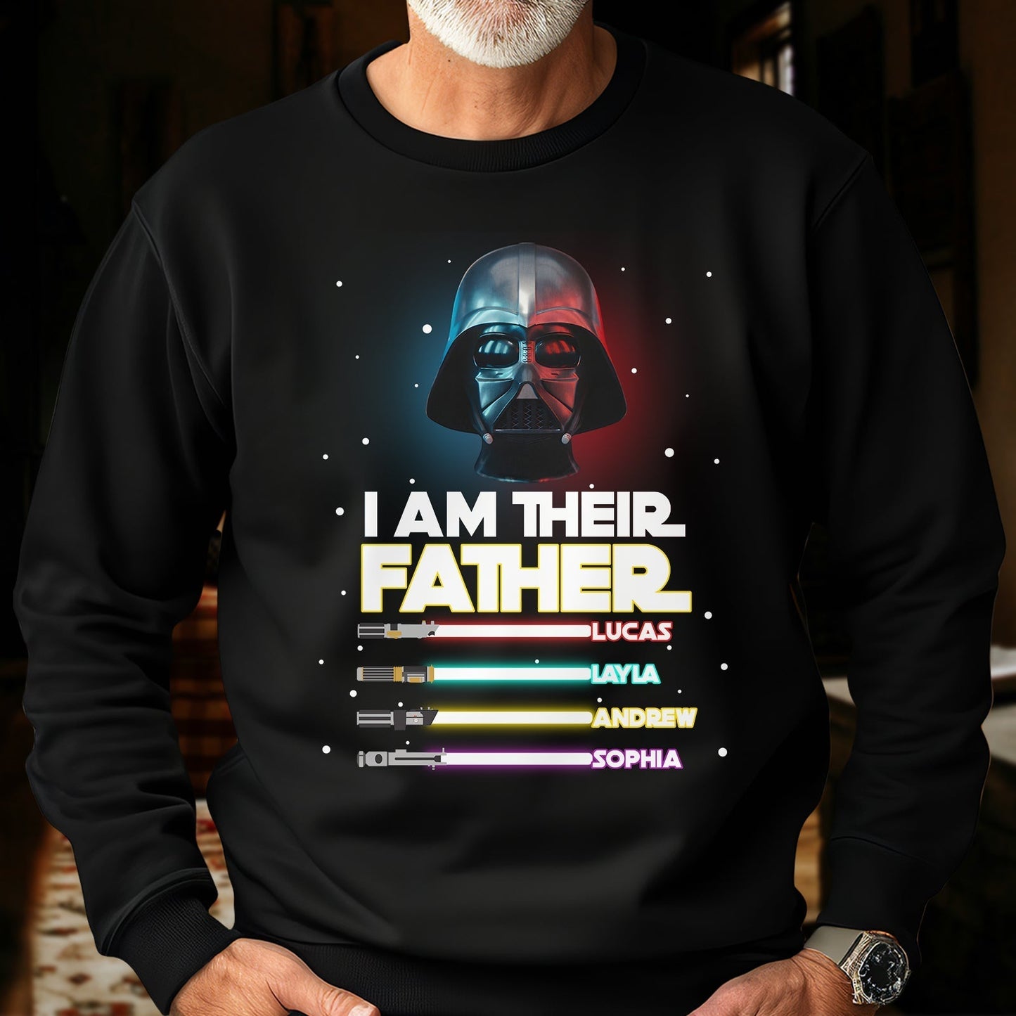Black custom I am their father shirt with Darth Vader graphic and personalized names with lightsabers