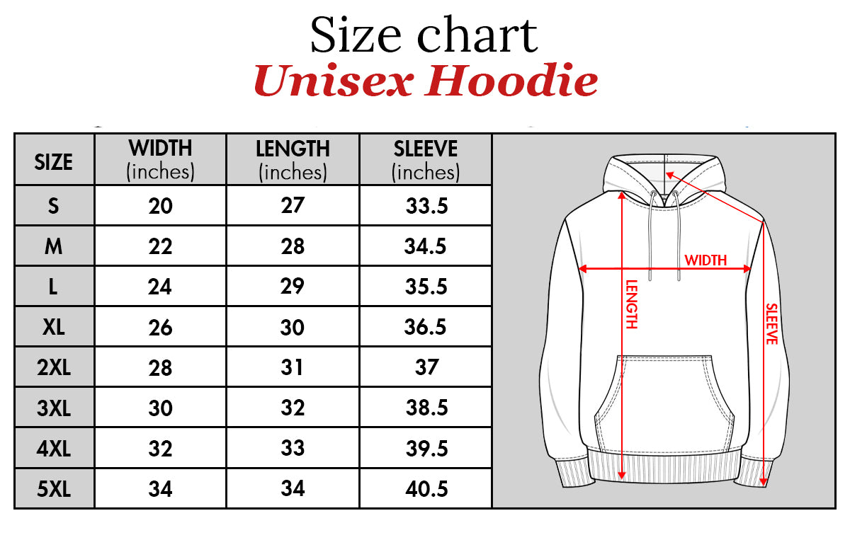 Size chart for unisex hoodie showing width length and sleeve measurements in inches for sizes S to 5XL