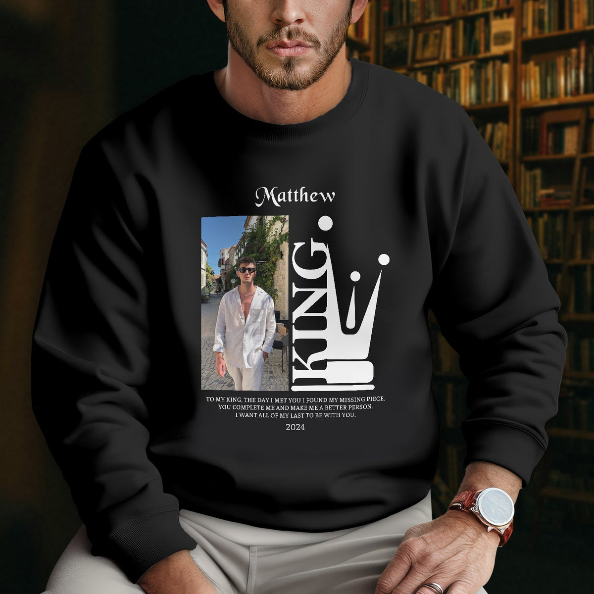 Black custom king and queen t shirts sweatshirt with personalized photo and text design for couples