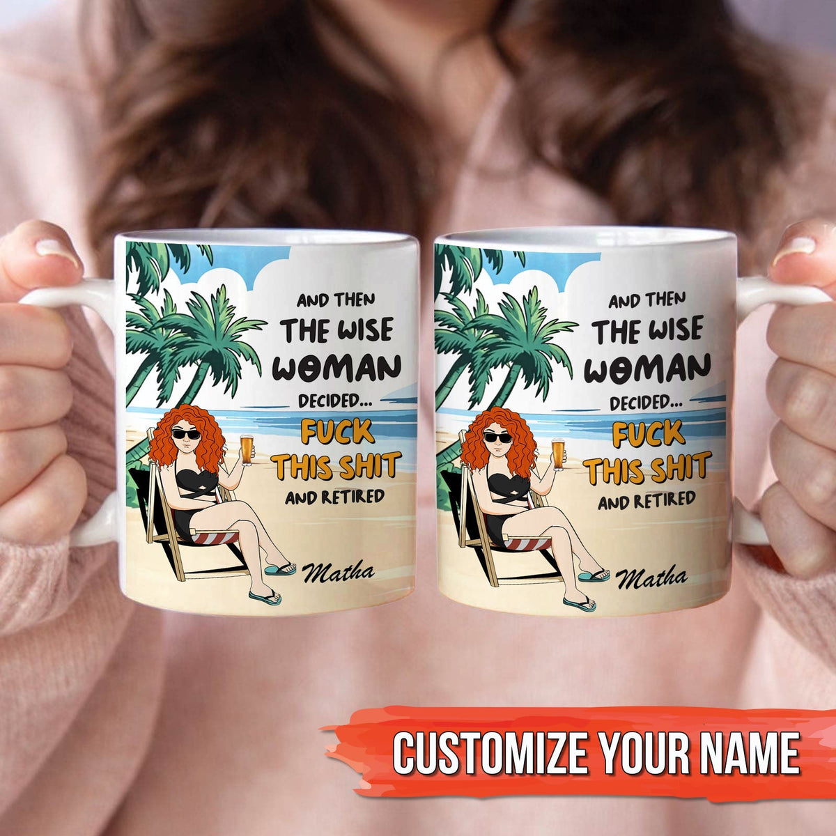funny retirement mug for women featuring cartoon redheaded woman lounging on beach with palm trees