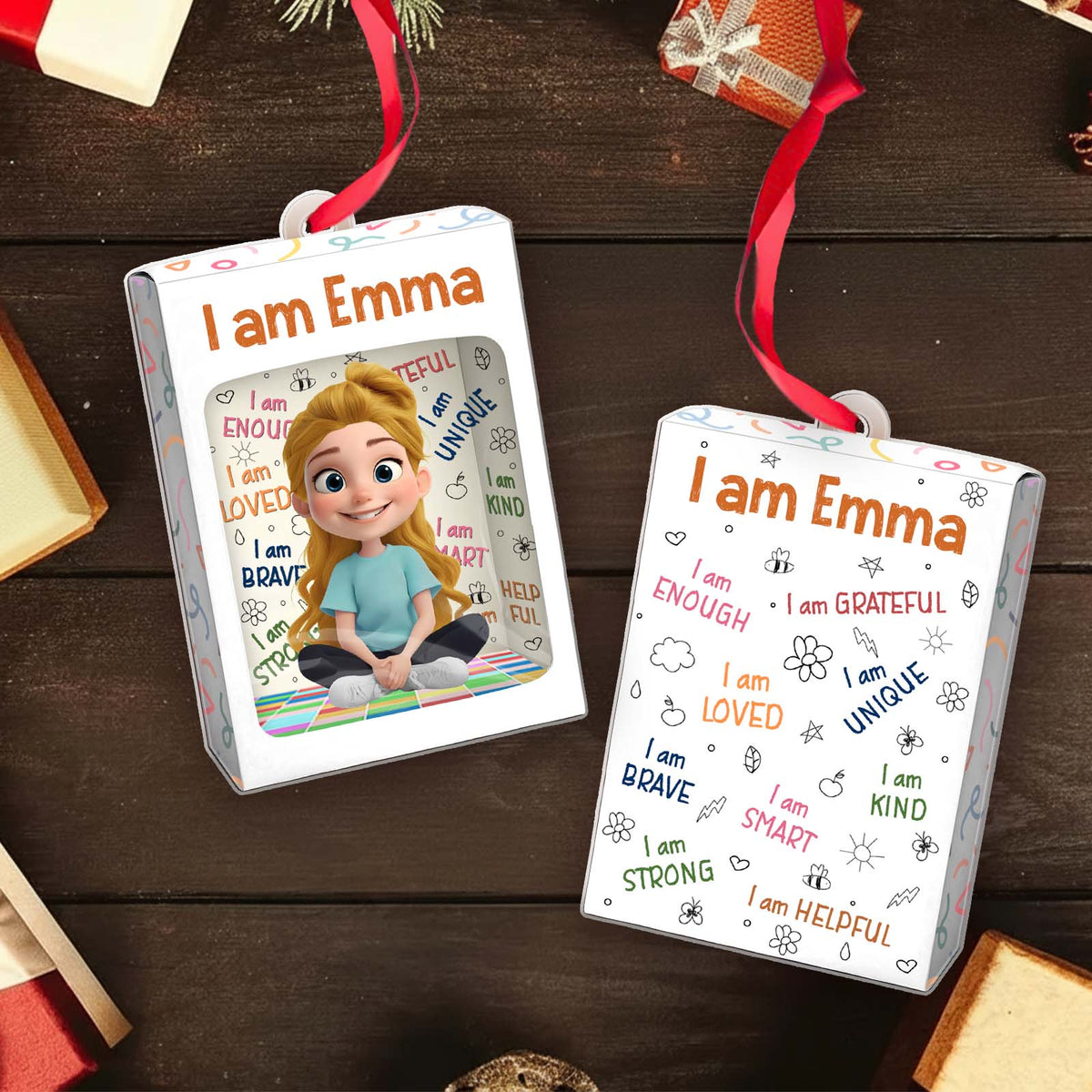 Custom name Christmas ornament for kids featuring a cheerful design with inspirational words and a cartoon character