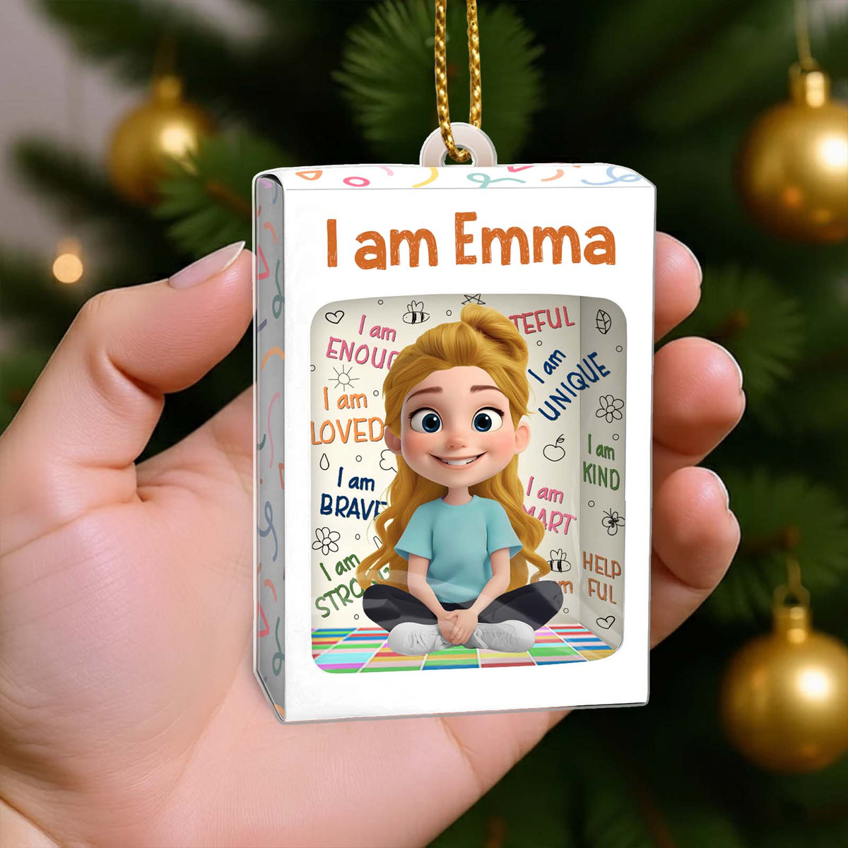 Custom name Christmas ornament for kids featuring a cartoon character and positive affirmations