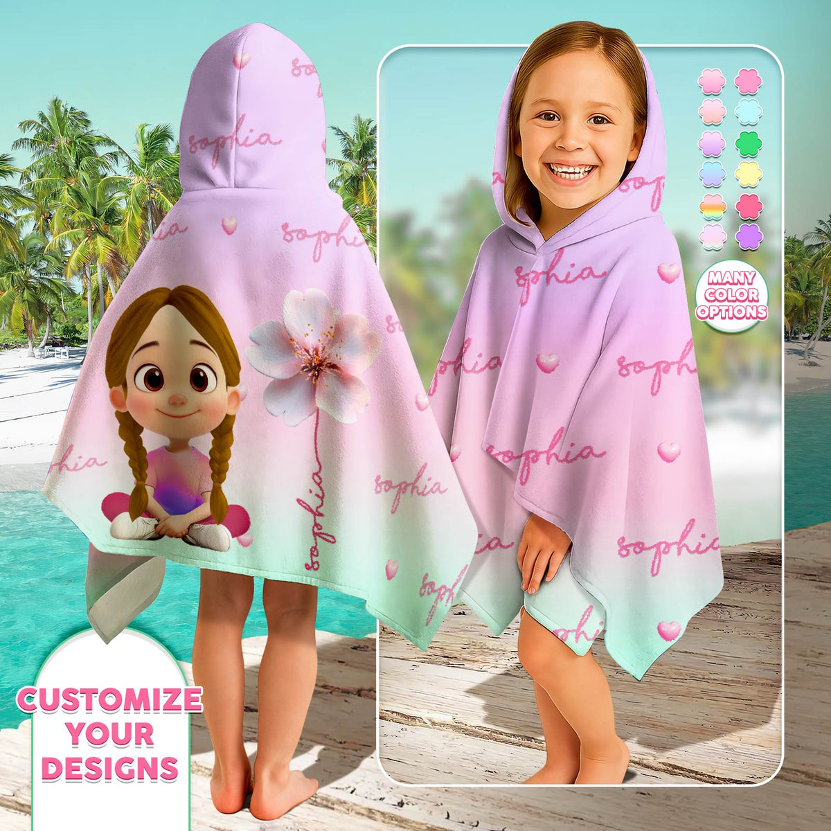 Personalized Beach Towel hooded poncho for kids pink with cartoon girl floral print and custom name pattern
