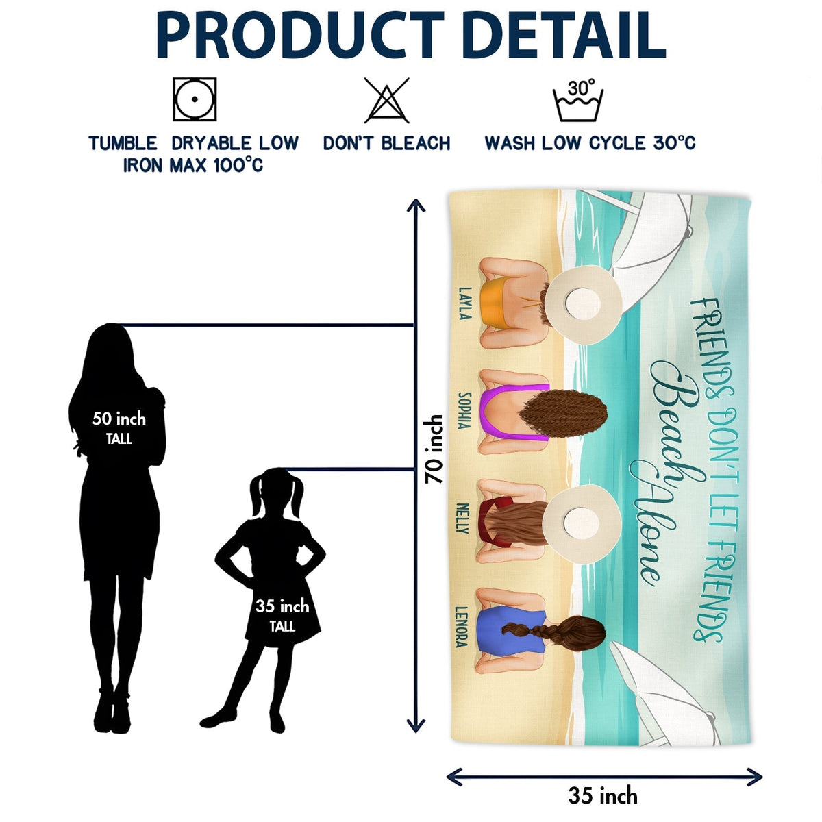 Personalized Beach Towel 70 by 35 inch beach scene with four women illustration and height comparison silhouettes