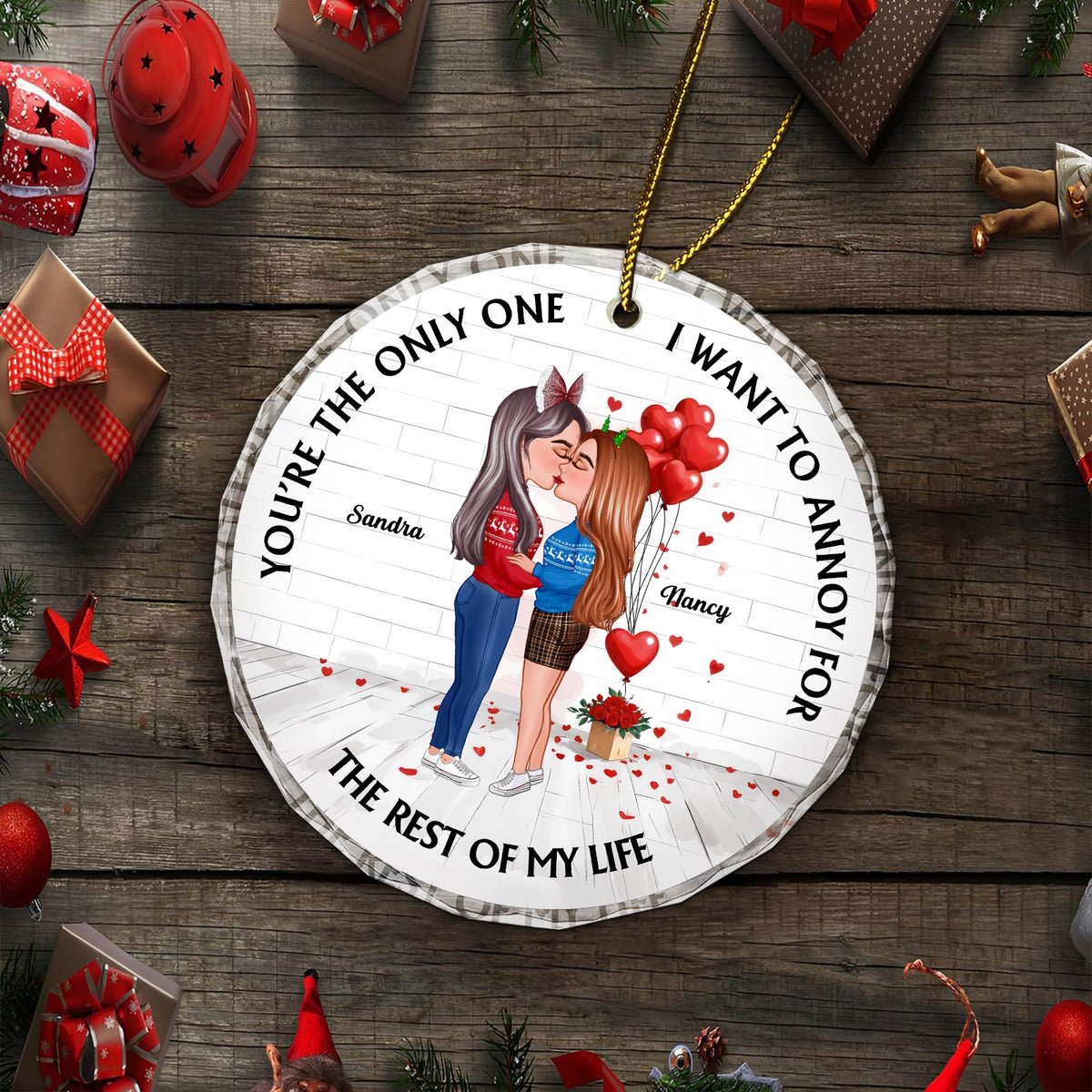 365Gifty personalized couple ornament featuring a kissing couple with names and romantic text