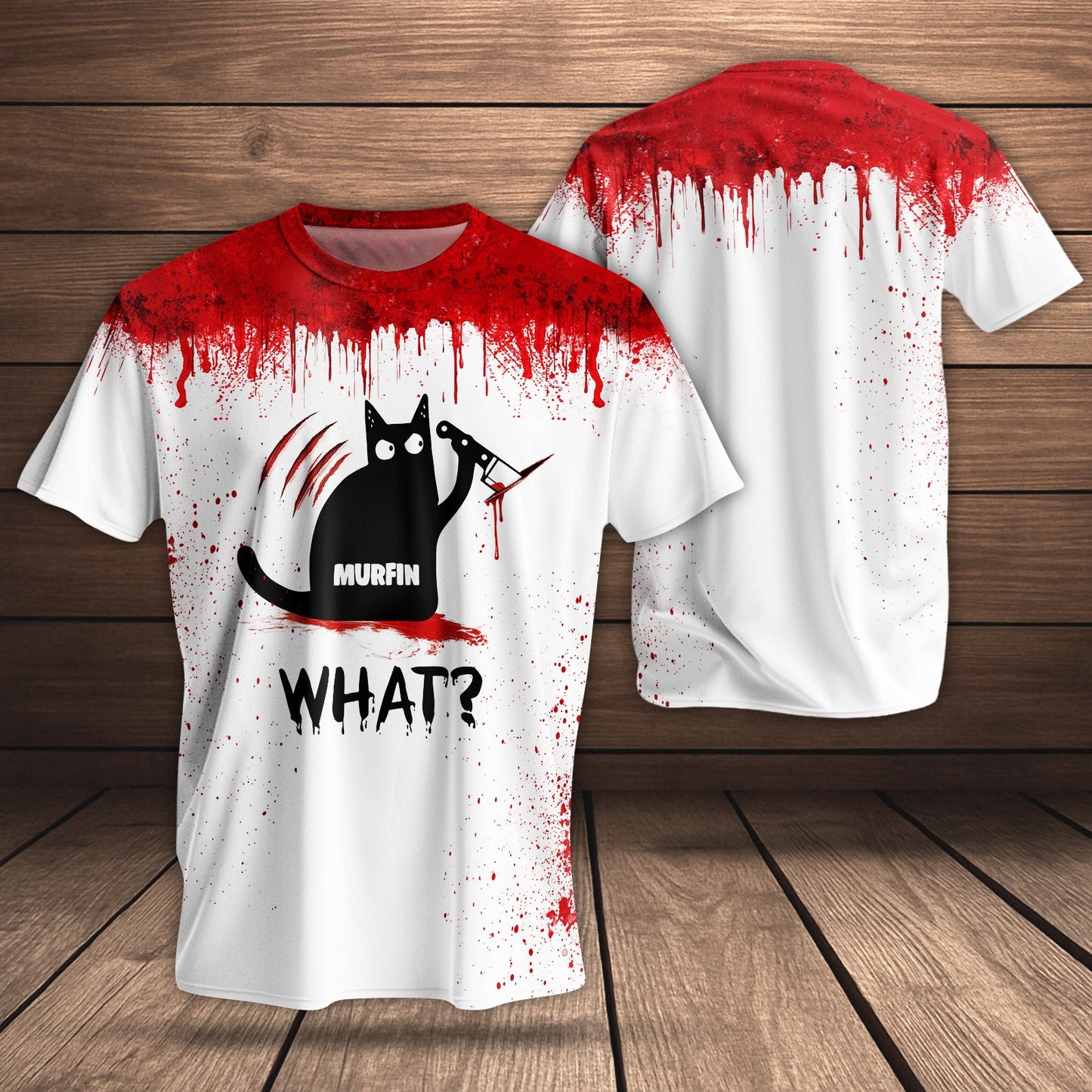 365Gifty personalized Halloween black cat shirt white tee with red blood splatter and cartoon black cat holding knife