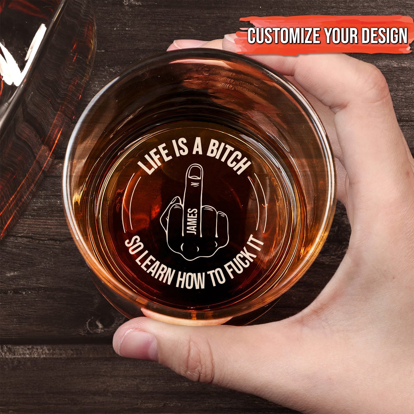 Personalized Whiskey Glass with engraved middle finger design and bold profanity customizable name