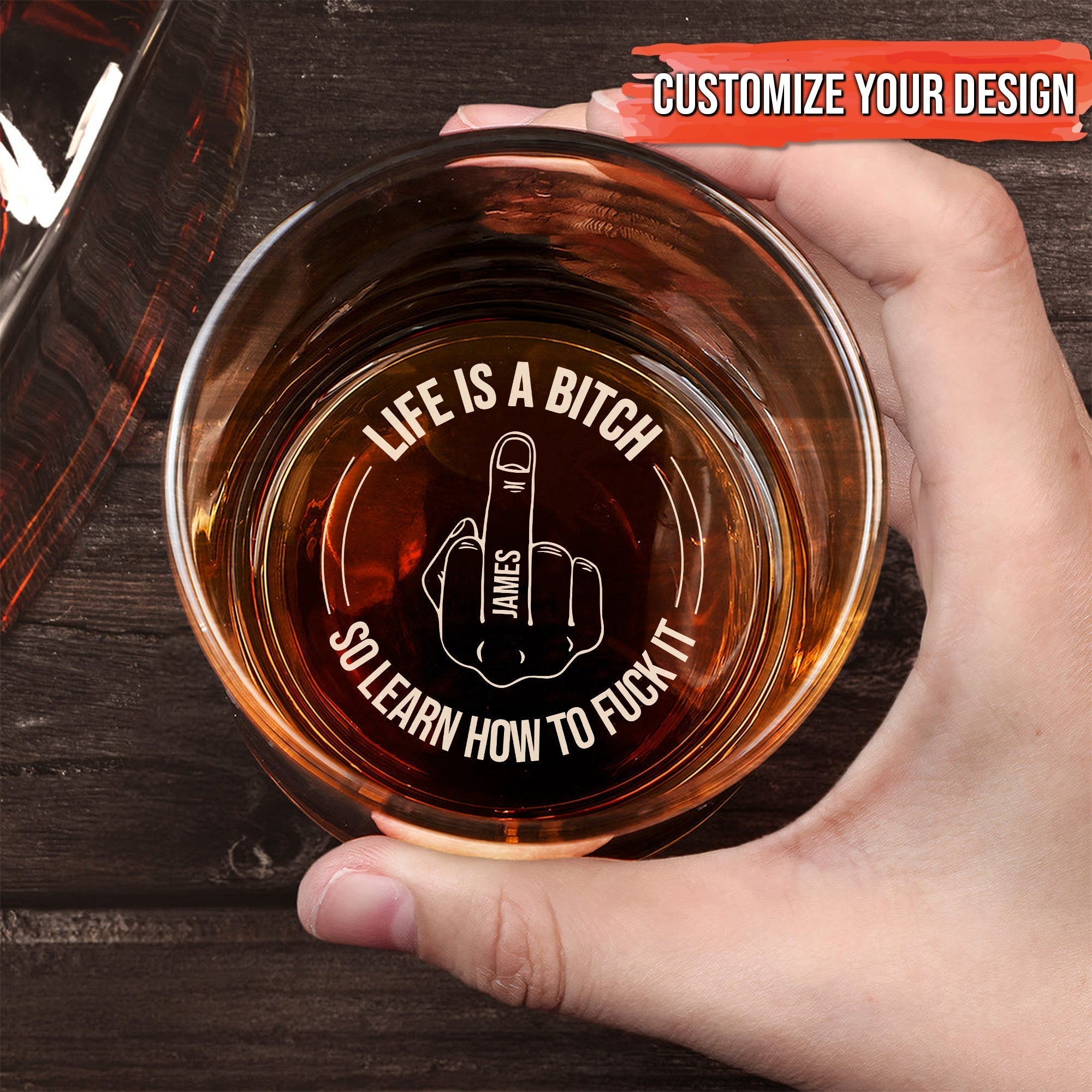 Personalized Whiskey Glass with engraved middle finger design and bold profanity customizable name