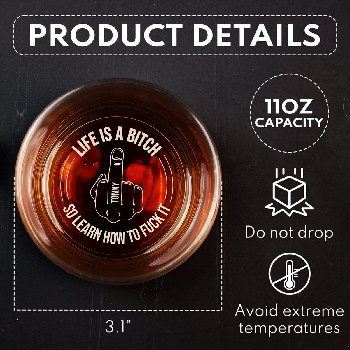 Personalized Whiskey Glass 11oz top view with engraved middle finger profanity message and 3 point 1 inch diameter