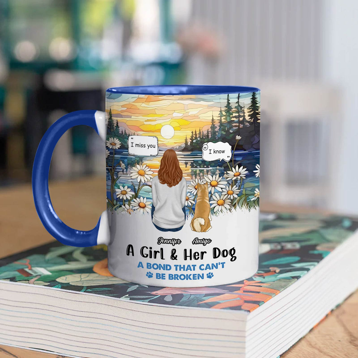 Custom pet owner gift mug featuring a girl and her dog by a lake with a sunset background