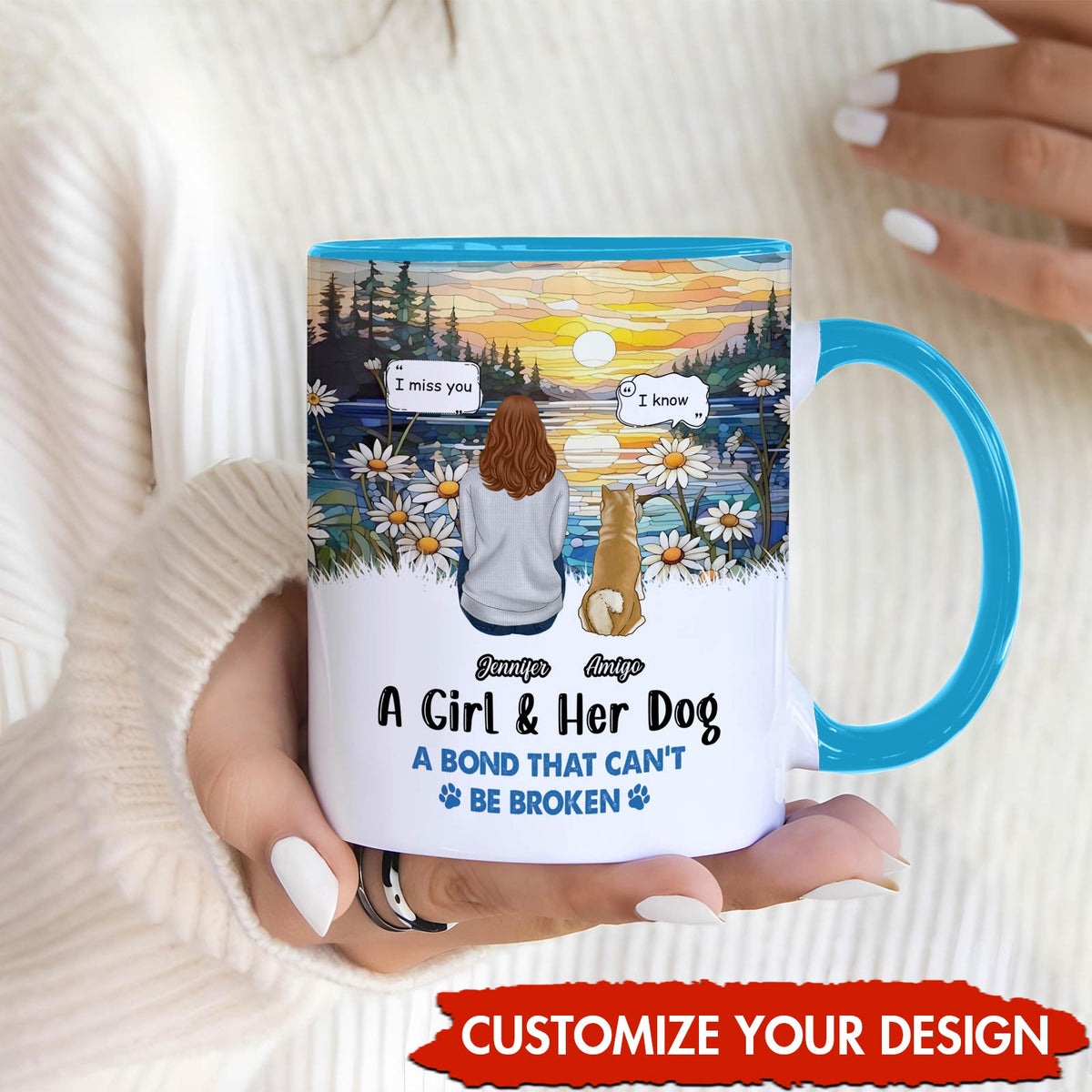 Custom pet owner gift mug featuring a girl and her dog with a scenic sunset design