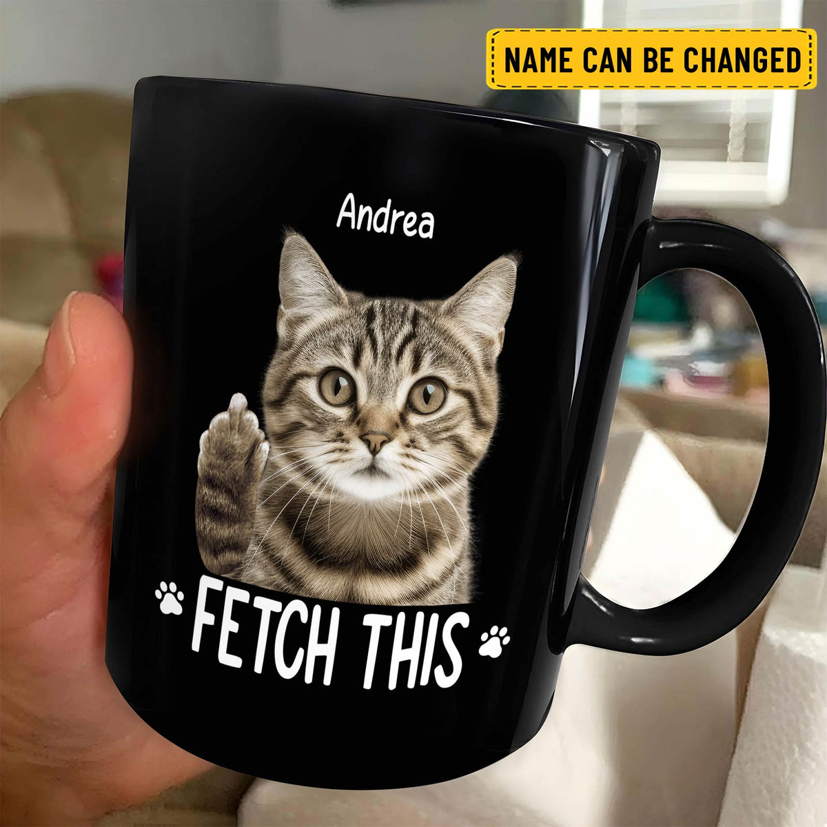 Custom pet photo mug featuring a cat with personalized name options for pet lovers