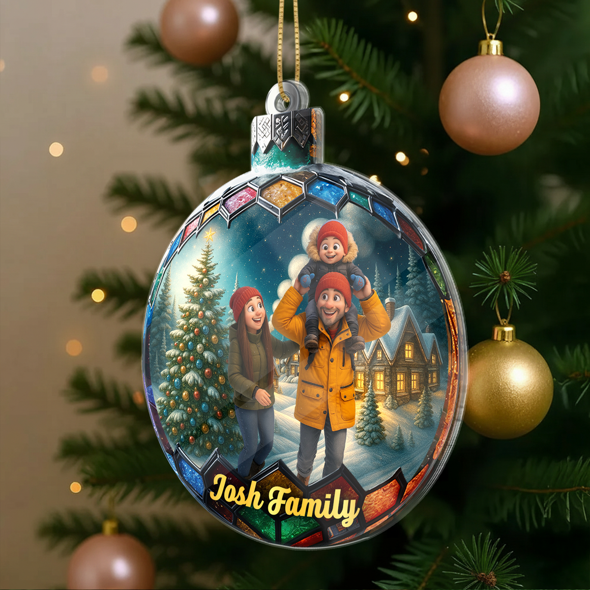 Custom photo Christmas ornament featuring the Josh Family in a festive winter scene