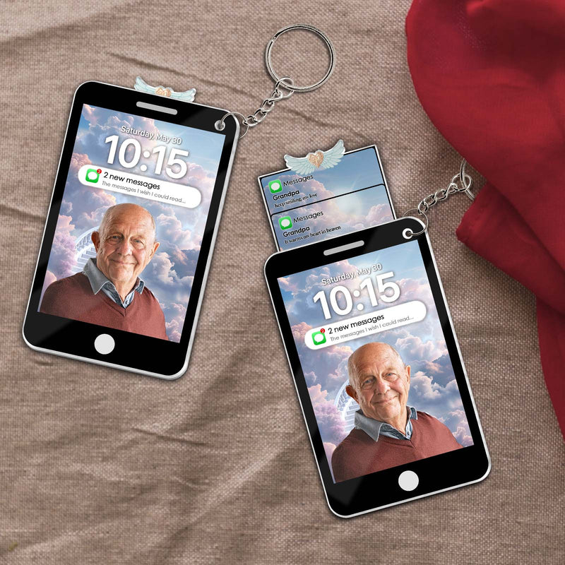 Custom photo memorial keychain featuring a smartphone design with a personal photo and message