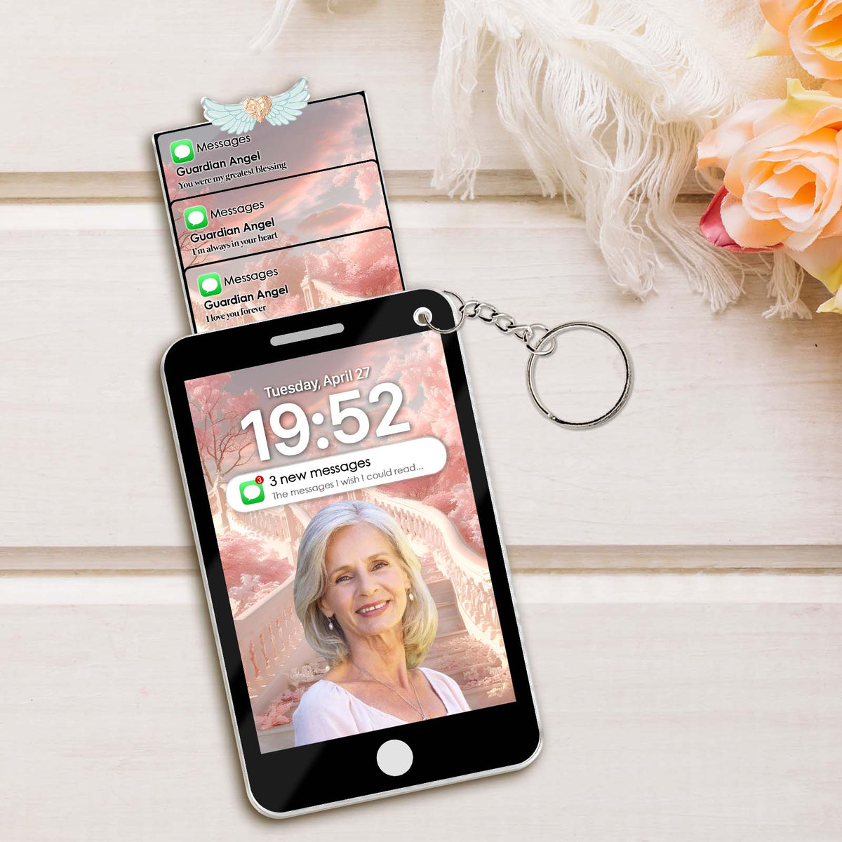 Custom photo memorial keychain featuring a personalized angel-themed design and a photo display