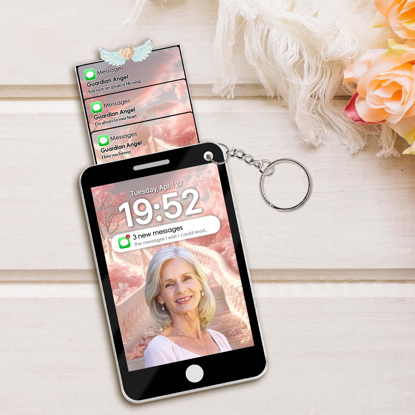Custom photo memorial keychain featuring a personalized angel-themed design and a photo display