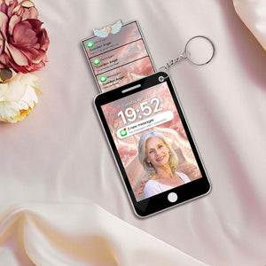 Custom photo memorial keychain featuring a smartphone design with personalized photo and message display